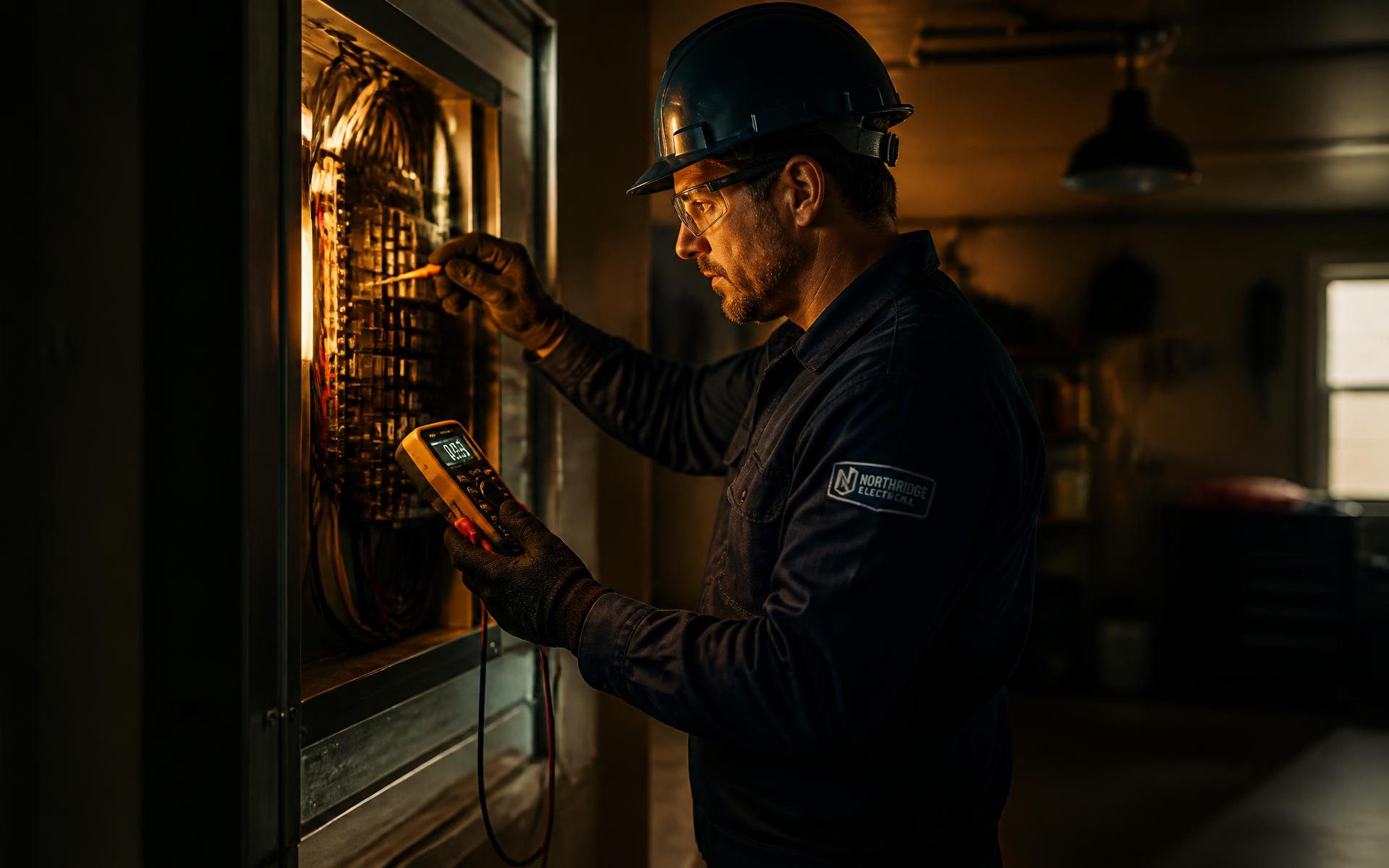 Licensed electrician testing a residential electrical panel with a multimeter