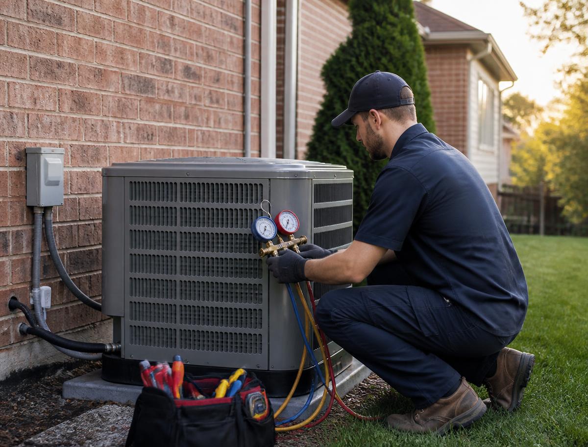 Technician servicing an outdoor air conditioning condenser unit