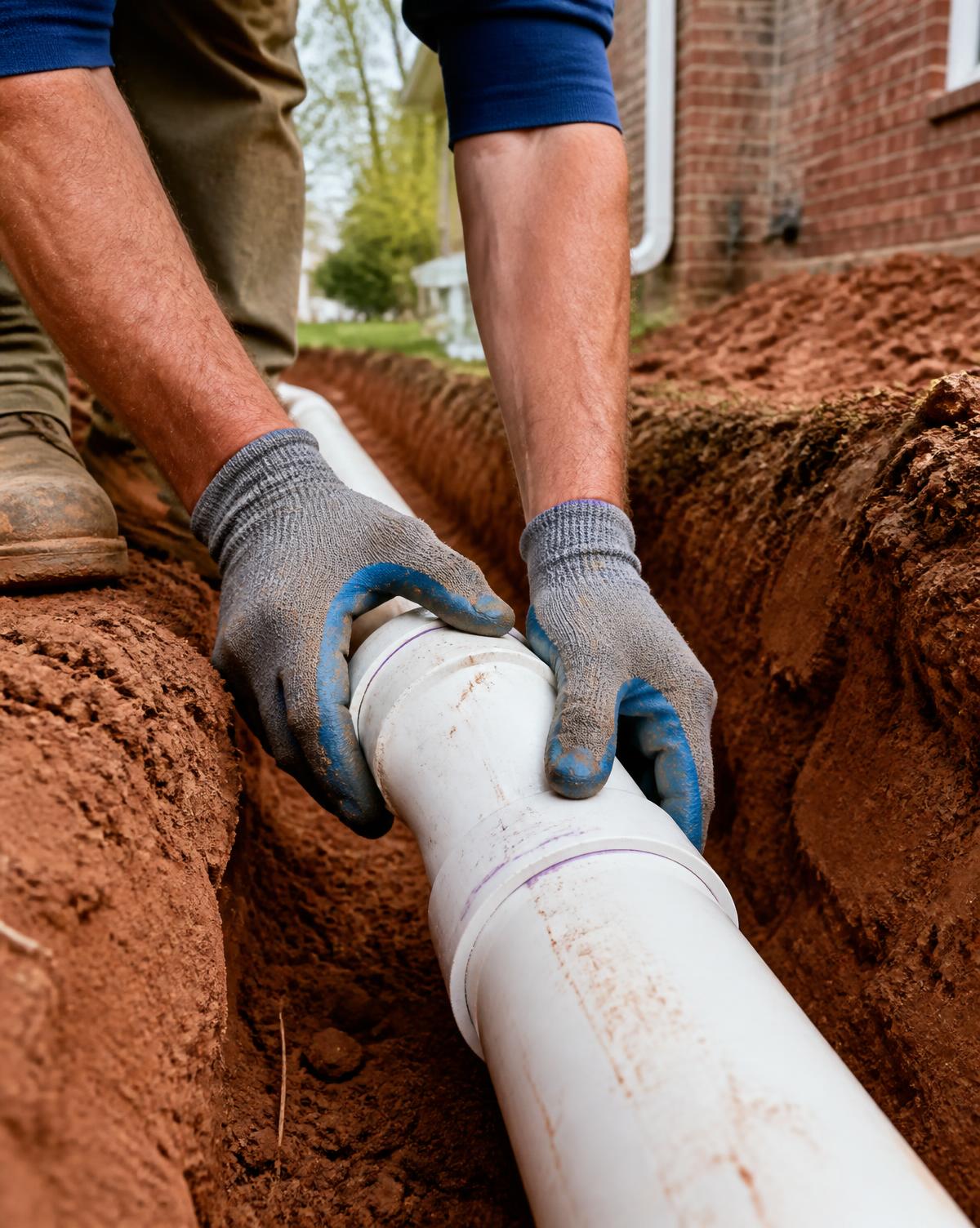 Plumber joining a new sewer pipe in an excavated residential trench